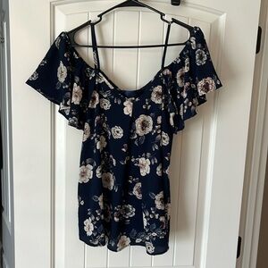 Francesca’s Navy Floral Off The Shoulder Blouse with Flutter Sleeves -Size Small